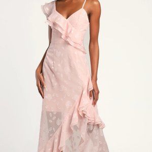 Lulu's Forever Be Blush Pink Floral Jacquard Ruffled Maxi Dress, Small